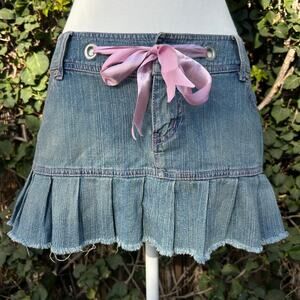 VTG Y2K Moe Pink Ribbon Bow Tie Pleated Cotton Denim Mini Skirt 5 Blue